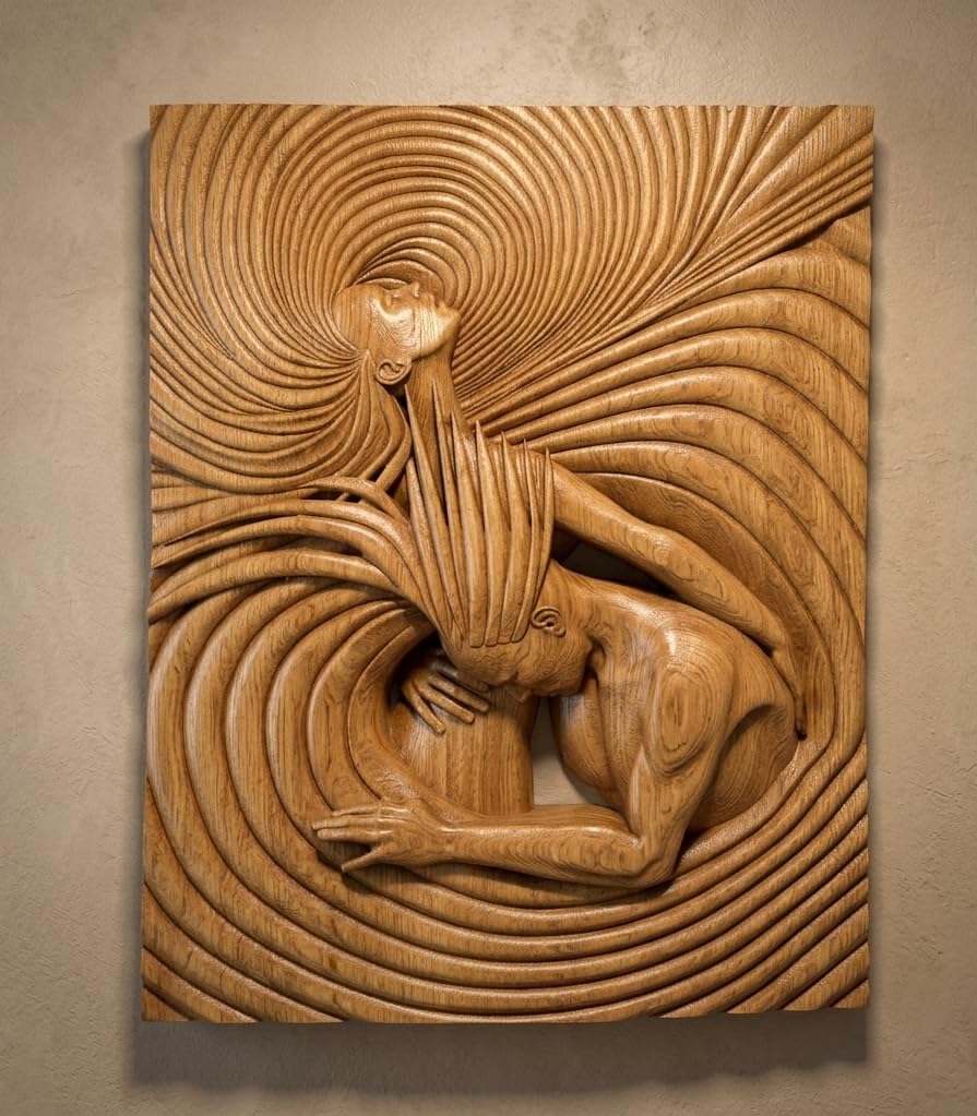kveer wood Hand-Carved Oak Wood Wall Art, 3D Relief Sculpture, Abstract Swirl Pattern, Embracing Figures, Large Wooden Plaque for Home Decor