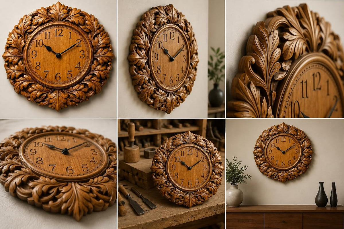 kveer Wooden Wall Clock with Carved Leaf Frame