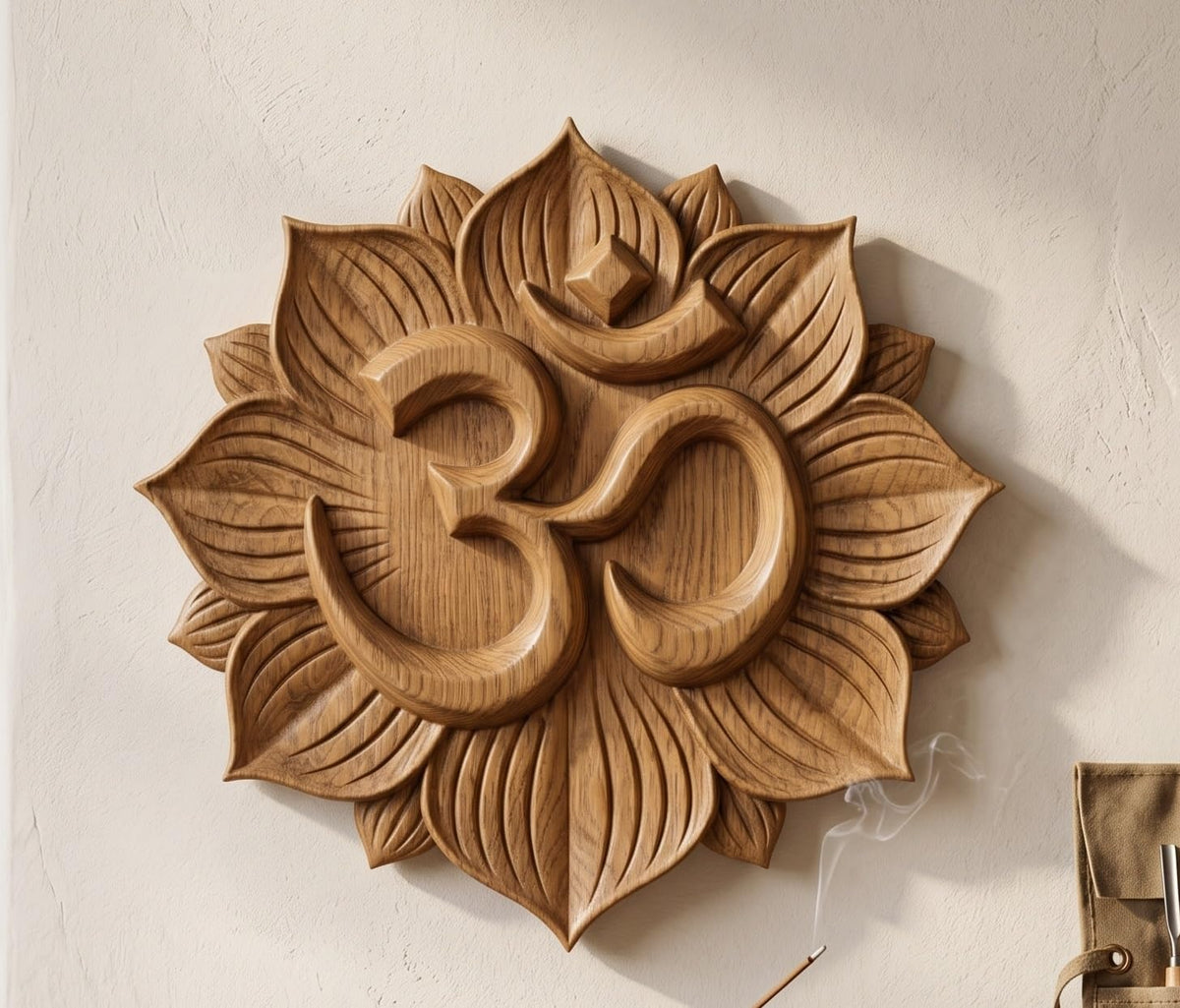 kveer Wooden Om Symbol Wall Decor, Lotus Flower Carved Design, Spiritual Home Decoration for Living Room, Meditation Room, Prayer Space