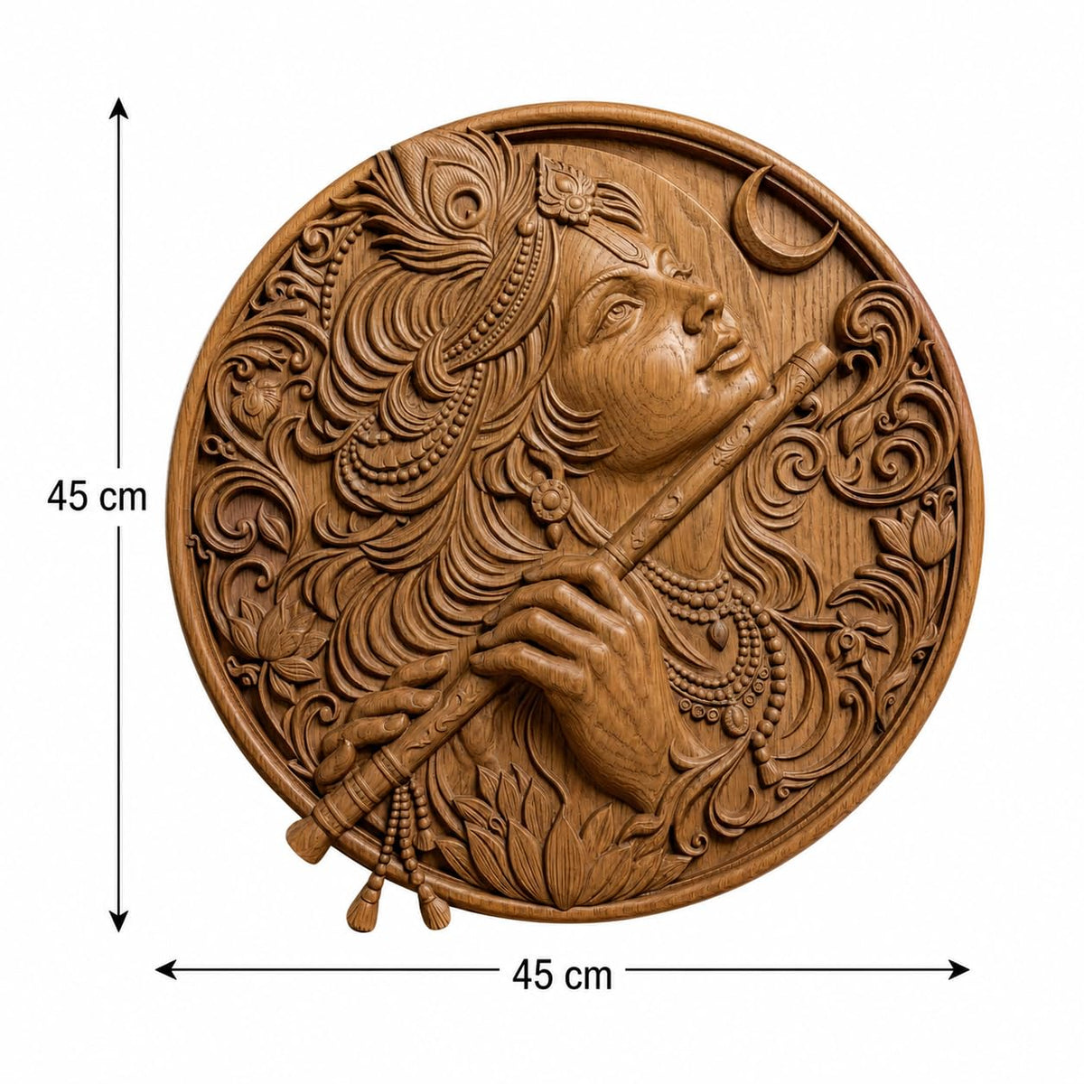 kveer Round Wooden Wall Art Panel, Hand Carved Krishna Playing Flute, Traditional Indian Relief Carving, Honey Brown, Wall Decor