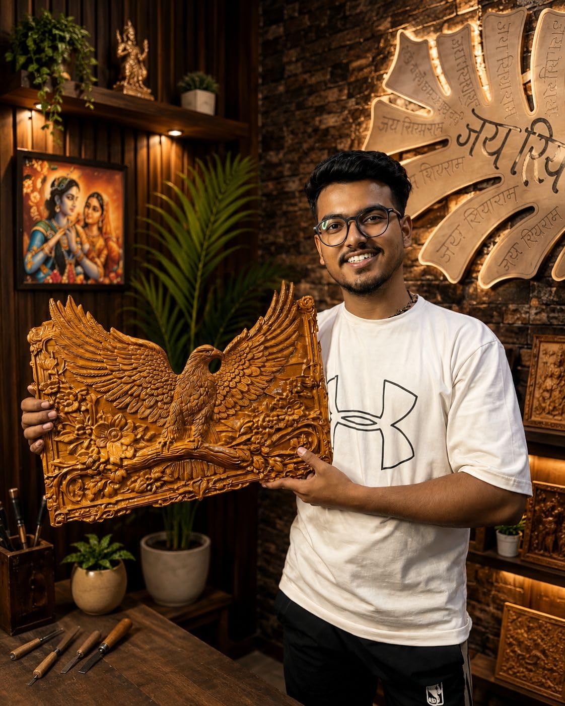 kveer Wood Handcrafted Wooden Carved Wall Decor Art, Eagle with Floral Design, Brown Relief Plaque for Living Room