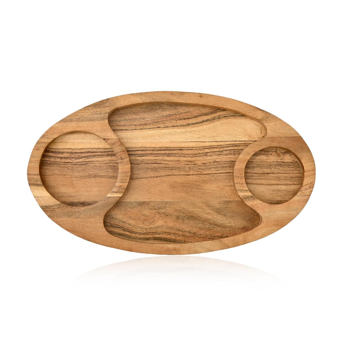 kveer Wood Wooden Serving Platter with 3 Compartments | Handcrafted Sheesham Wood Snack Tray for Dry Fruits, Namkeen, and Sweets | Oval Sectional Wooden Plate for Home & Kitchen