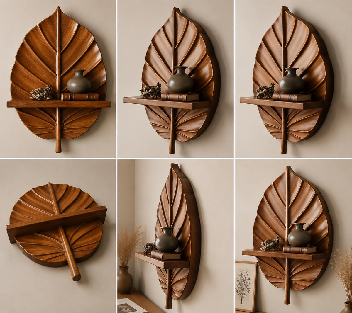 kveer Leaf Shaped Wooden Wall Shelf, Brown Wood Finish