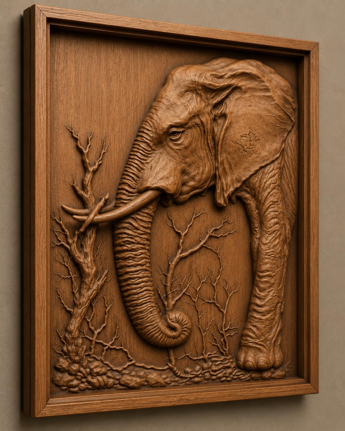 Kveerwood Elephant Wood Carved Wall Art, Decorative Relief Sculpture Panel, Brown Wooden Wall Decor