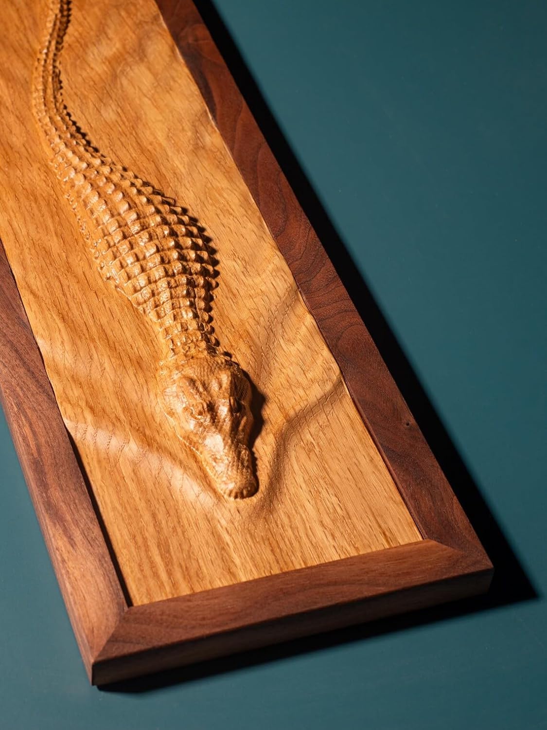 kveer 3D Carved Crocodile Wall Art, Handcrafted Oak Wood with Walnut Frame, Decorative Relief Carving
