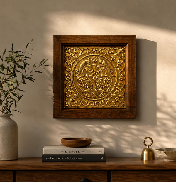 kveer Decorative Wall Art with Brass Embossed Panel, Wooden Frame, Golden