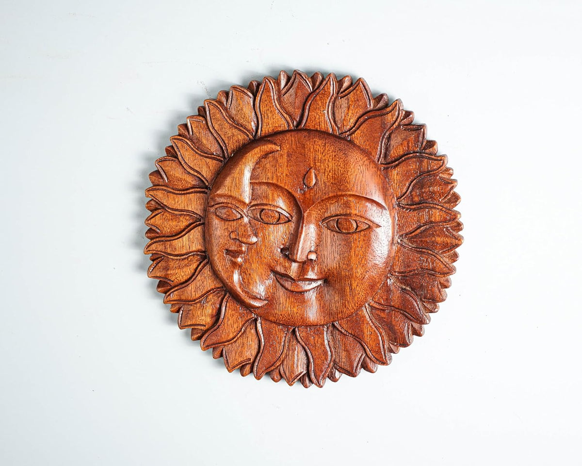 kveer Handcrafted Wooden Sun and Moon Face Wall Decor, Brown, Carved Wood Art Plaque