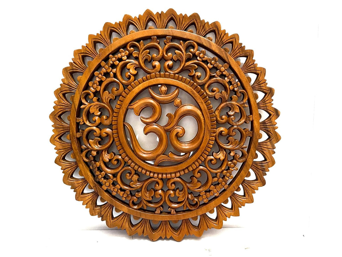 kveer Handcrafted Wooden Om Mandala Wall Art, Round Carved Decorative Panel, Spiritual Home Decor