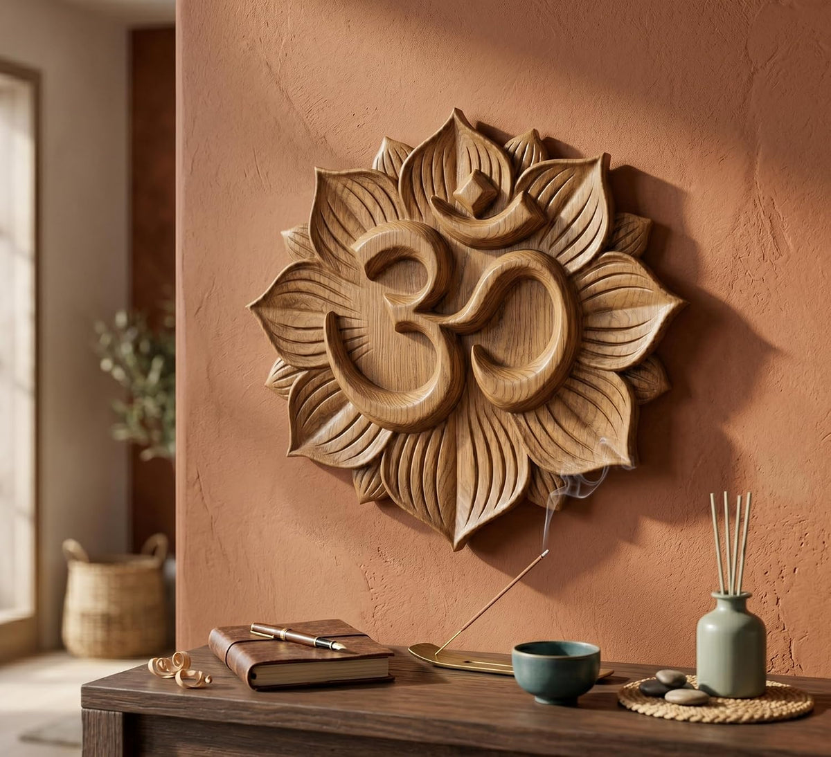 kveer Wooden Om Symbol Wall Decor, Lotus Flower Carved Design, Spiritual Home Decoration for Living Room, Meditation Room, Prayer Space