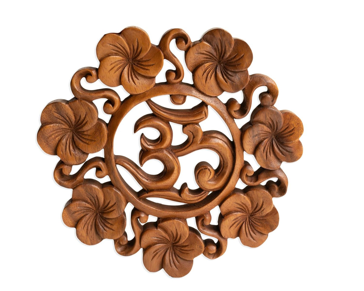 kveer Hand Carved Wooden om Wall Art, Floral Scroll Design, Round Wall Decor Panel