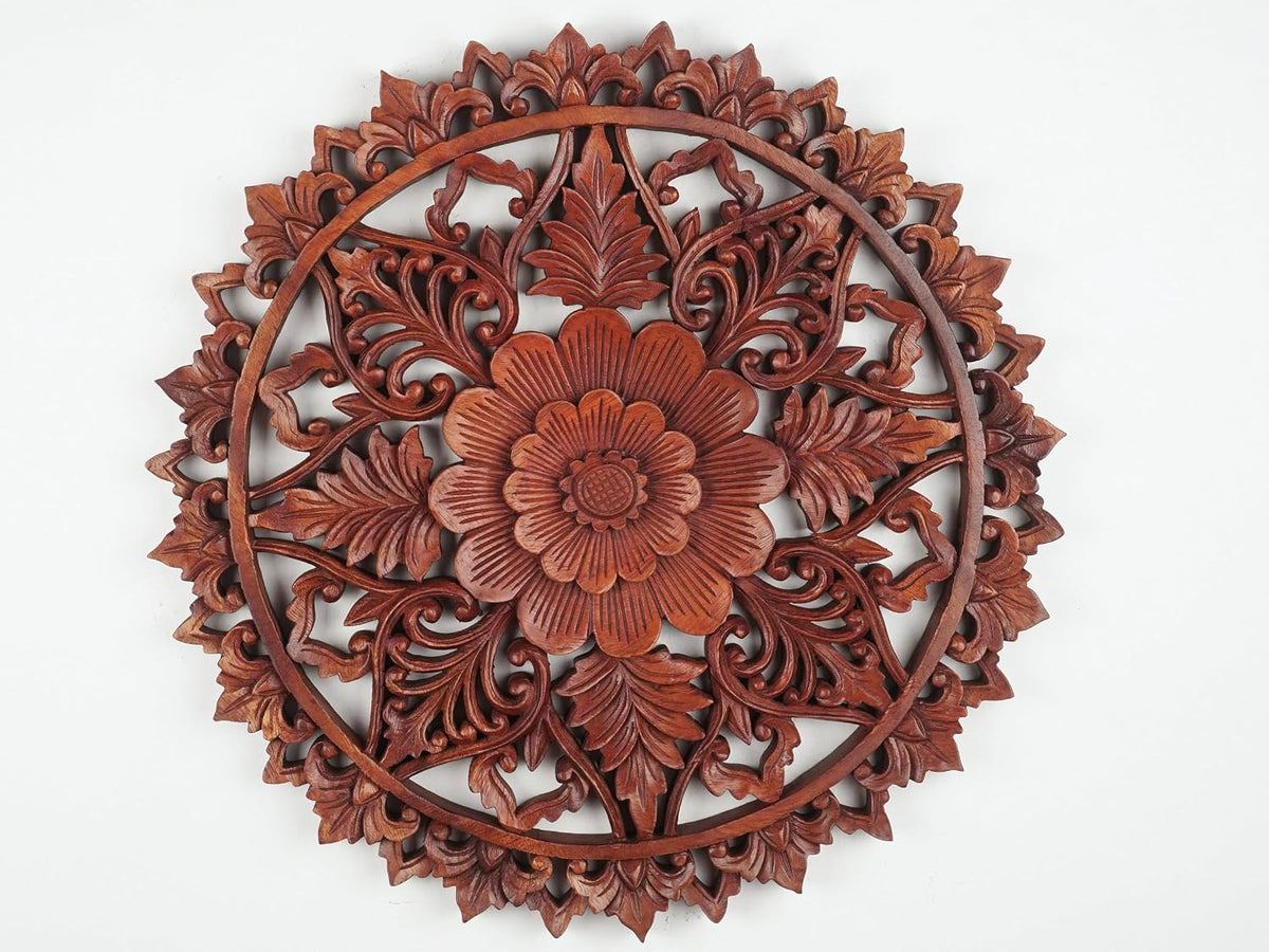 Wooden Carved Wall Art Round Floral Panel kveerwood