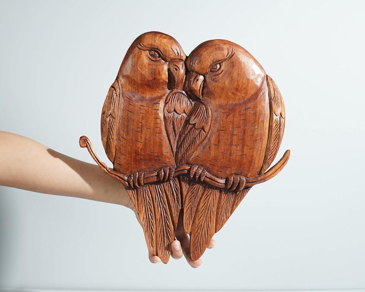 kveer Handcrafted Wooden Love Birds Wall Decor, Brown, Carved Pair of Birds on Branch