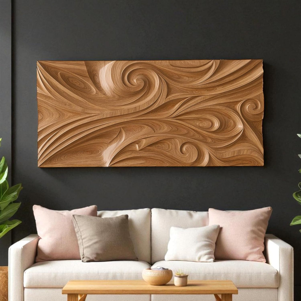 kveer Wooden Wall Art Decor, Abstract Swirl Carved Wood Panel, Natural Brown, Living Room Wall Sculpture