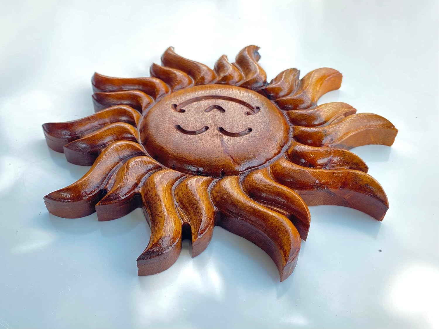 kveer wood Handcrafted Wooden Sun Wall Art | Smiling Sun Face Hanging | Positive Energy & Vastu Décor | Handmade Wooden Sculpture for Home & Office | Unique Gift & Spiritual Wall Hanging (20cm)