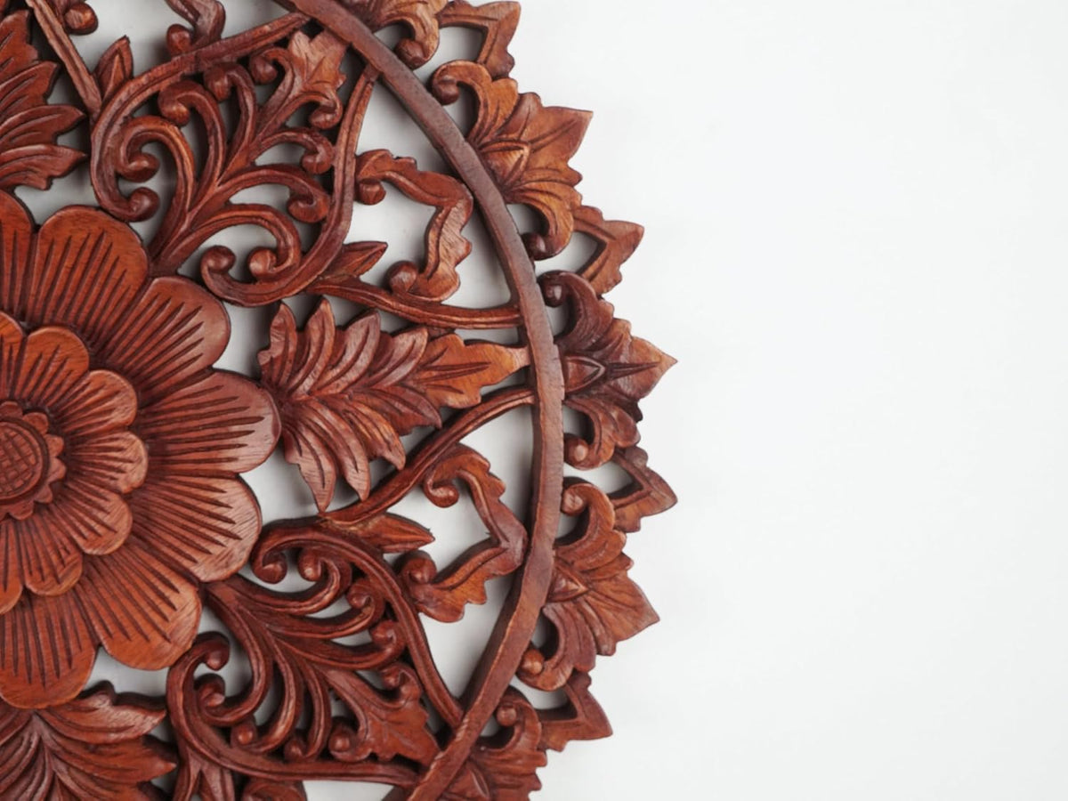 Wooden Carved Wall Art Round Floral Panel kveerwood