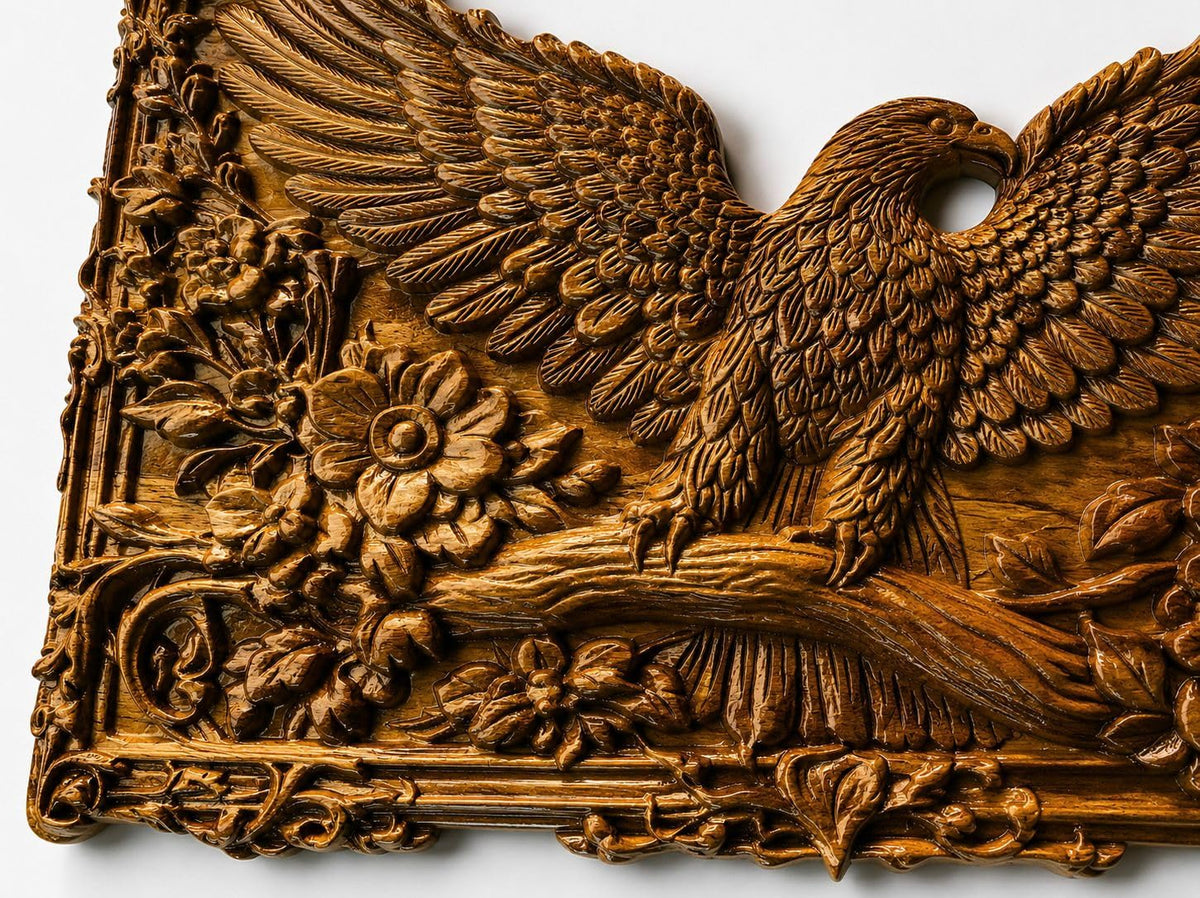 kveer Wood Handcrafted Wooden Carved Wall Decor Art, Eagle with Floral Design, Brown Relief Plaque for Living Room