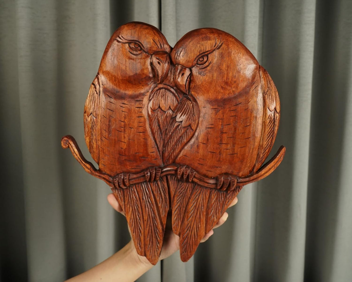 kveer Handcrafted Wooden Love Birds Wall Decor, Brown, Carved Pair of Birds on Branch