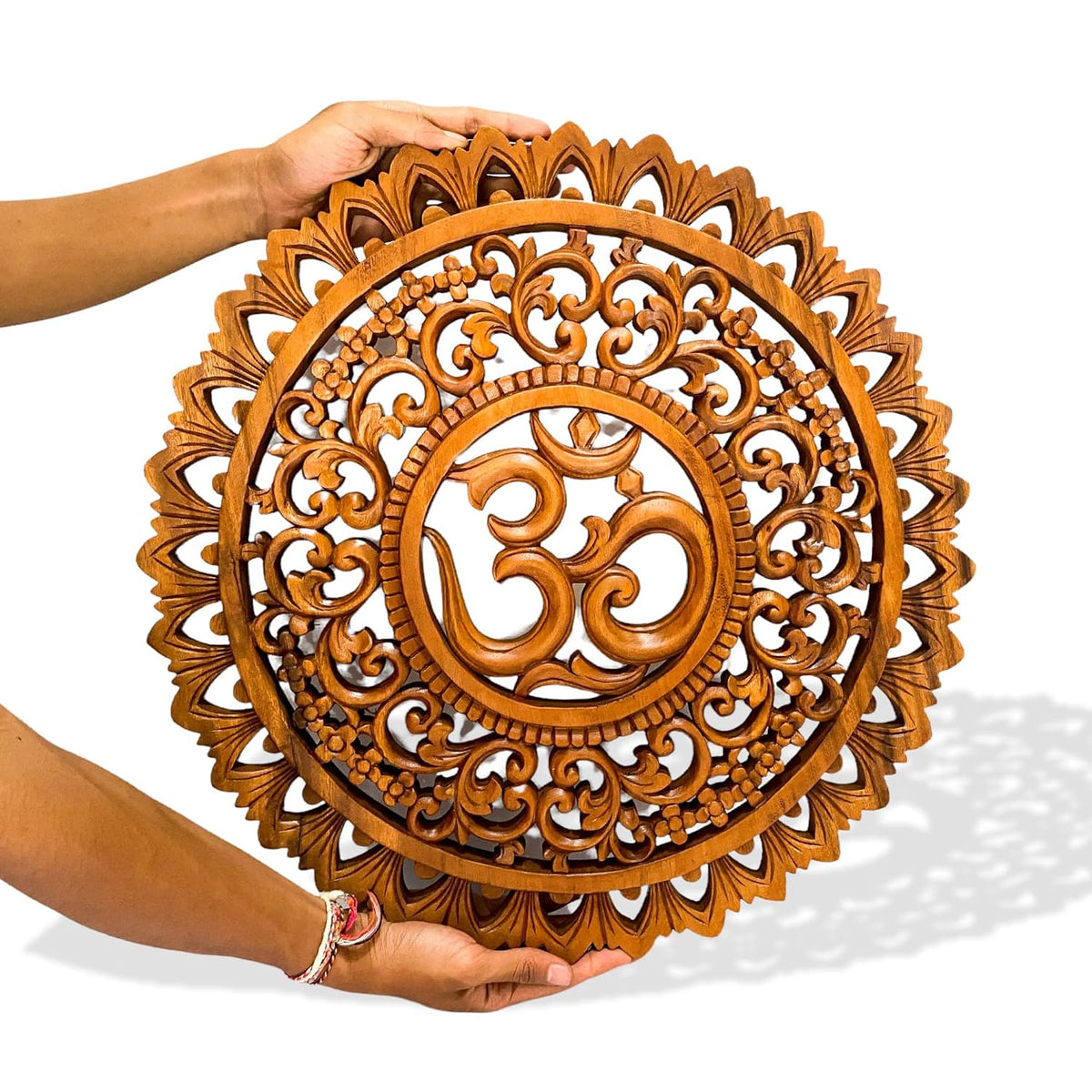 kveer Handcrafted Wooden Om Mandala Wall Art, Round Carved Decorative Panel, Spiritual Home Decor