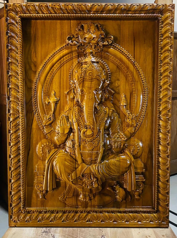 kveer Ganesh God picture wall hanging Pooja Room Teak Wooden carving picture Marquetry, WALL DECOR (Teak colour)