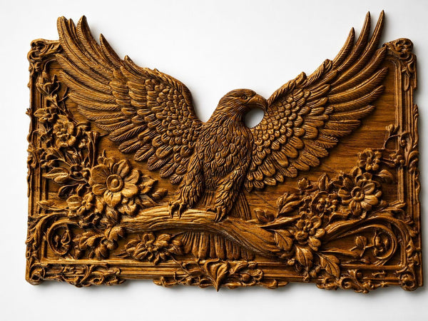 kveer Wood Handcrafted Wooden Carved Wall Decor Art, Eagle with Floral Design, Brown Relief Plaque for Living Room