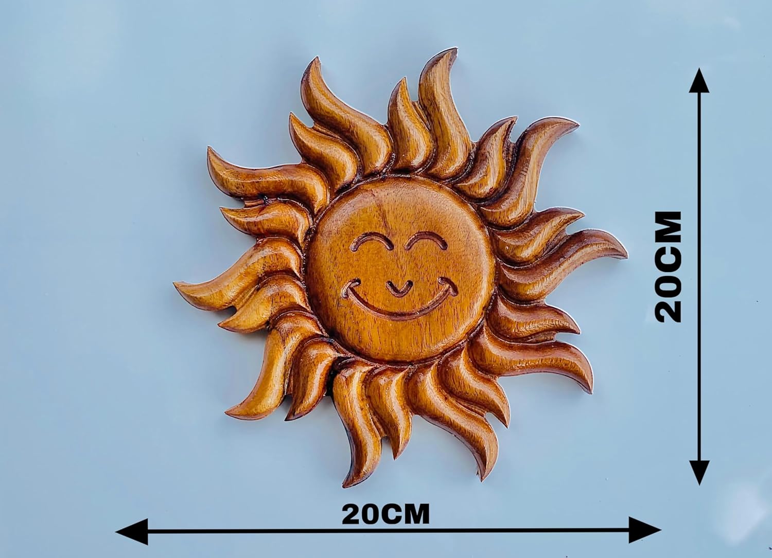 kveer wood Handcrafted Wooden Sun Wall Art | Smiling Sun Face Hanging | Positive Energy & Vastu Décor | Handmade Wooden Sculpture for Home & Office | Unique Gift & Spiritual Wall Hanging (20cm)