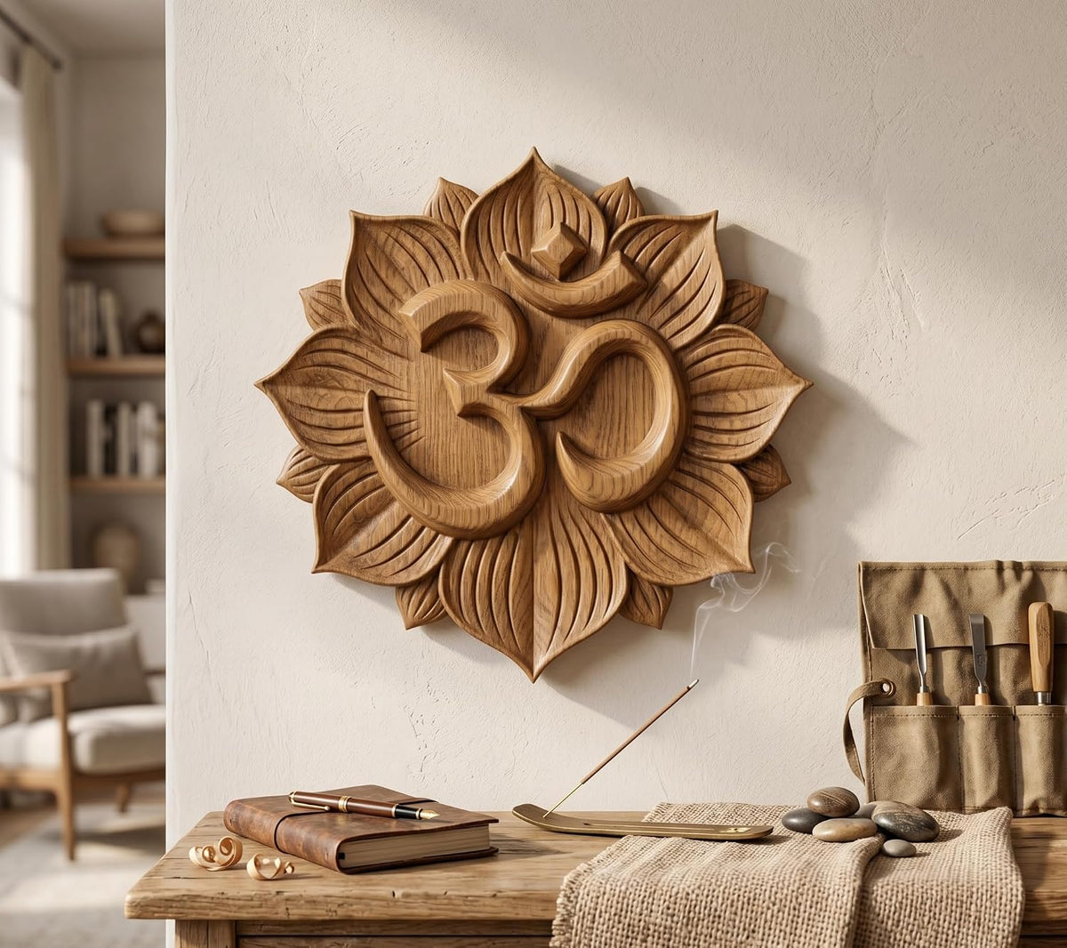 kveer Wooden Om Symbol Wall Decor, Lotus Flower Carved Design, Spiritual Home Decoration for Living Room, Meditation Room, Prayer Space