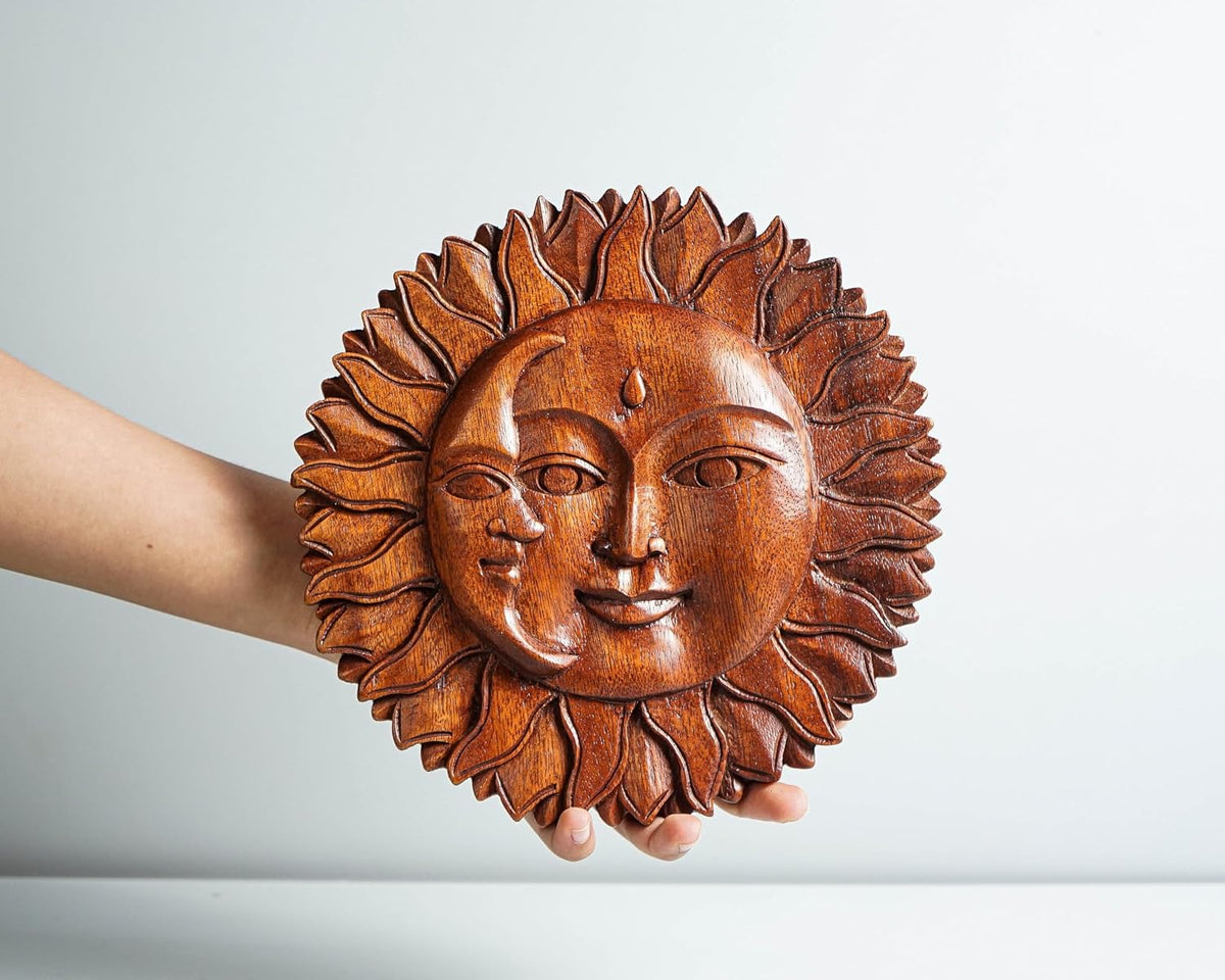 kveer Handcrafted Wooden Sun and Moon Face Wall Decor, Brown, Carved Wood Art Plaque