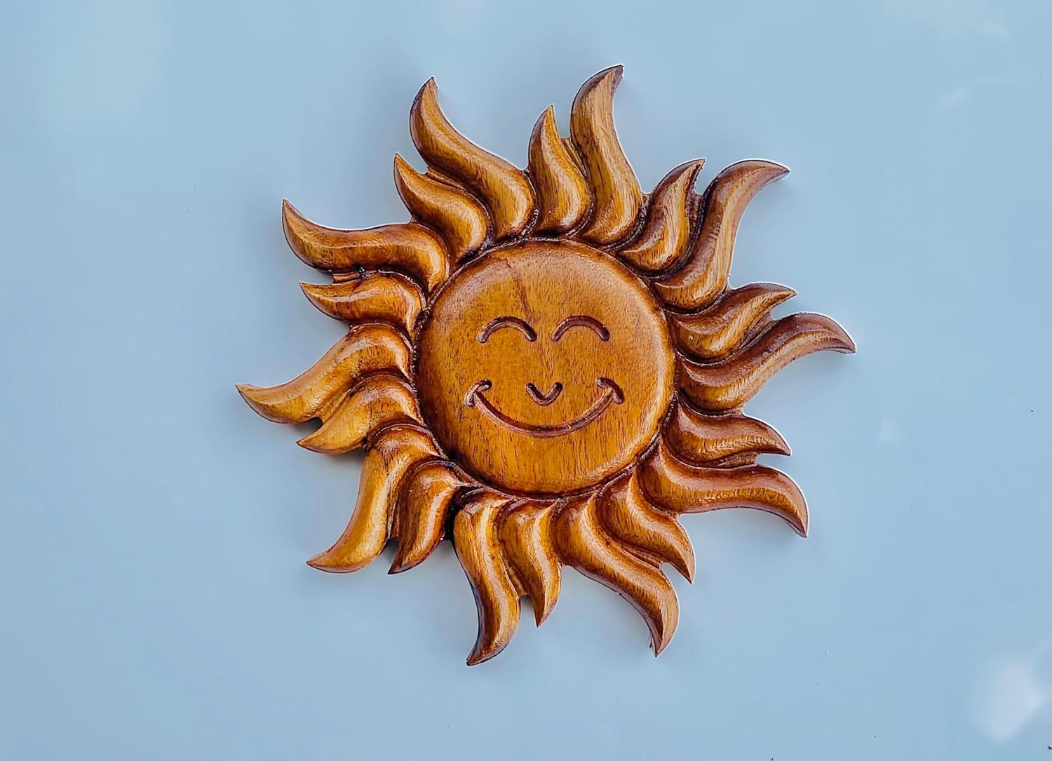 kveer wood Handcrafted Wooden Sun Wall Art | Smiling Sun Face Hanging | Positive Energy & Vastu Décor | Handmade Wooden Sculpture for Home & Office | Unique Gift & Spiritual Wall Hanging (20cm)