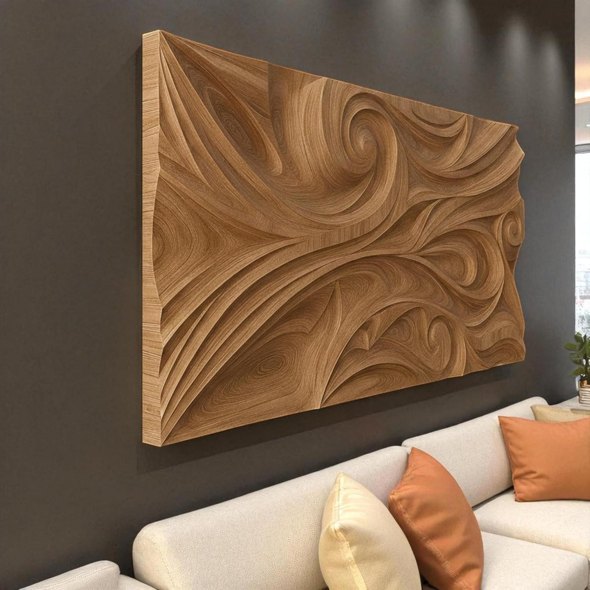 kveer Wooden Wall Art Decor, Abstract Swirl Carved Wood Panel, Natural Brown, Living Room Wall Sculpture