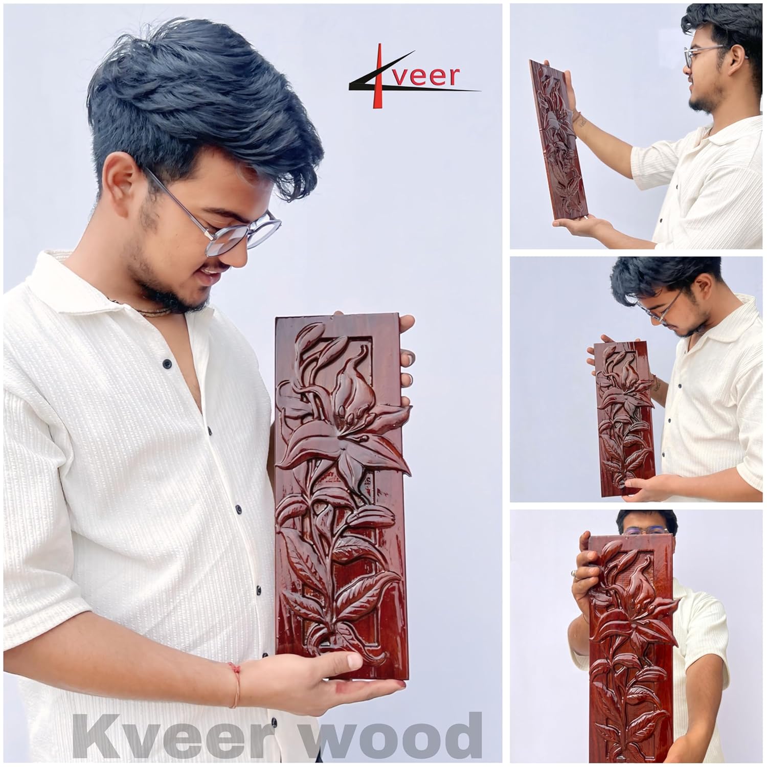 kveer WOOD Handcrafted Wooden Wall Art Panel, Lily Flower Carved Design, Decorative Wood Wall Hanging