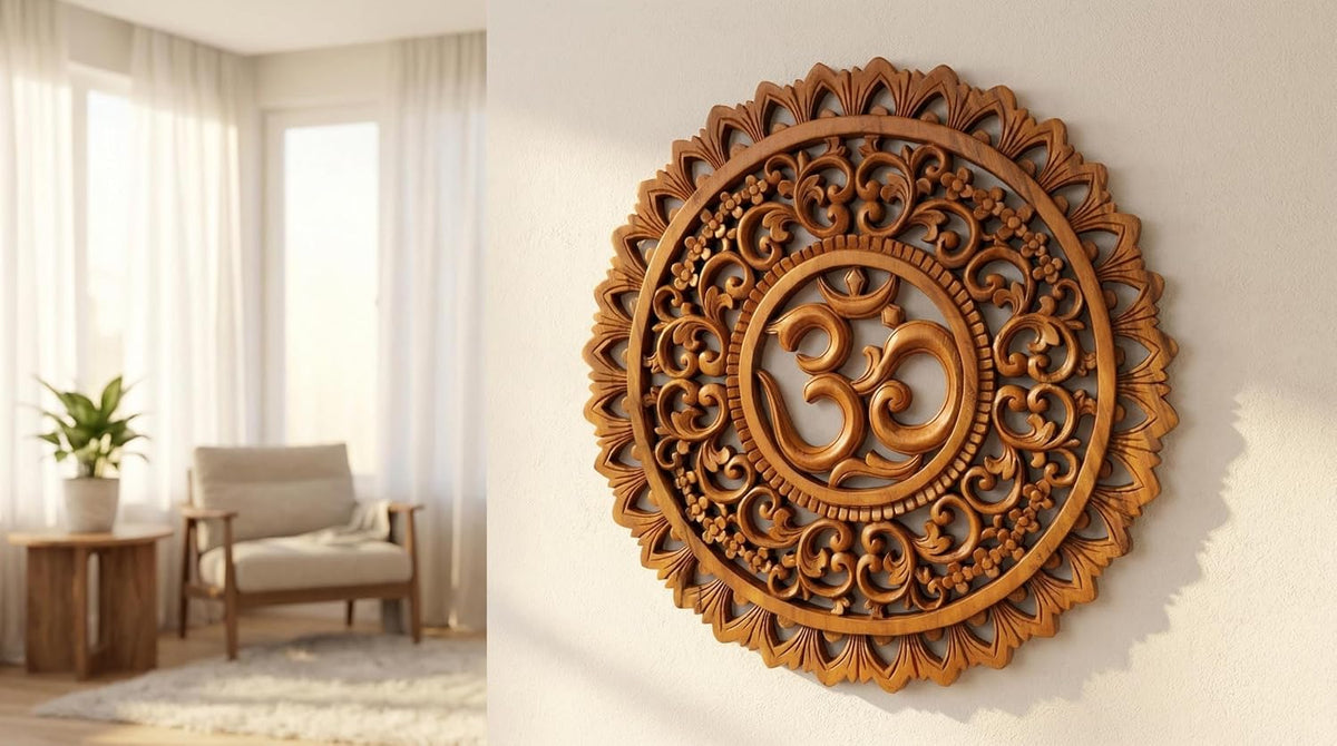 kveer Handcrafted Wooden Om Mandala Wall Art, Round Carved Decorative Panel, Spiritual Home Decor