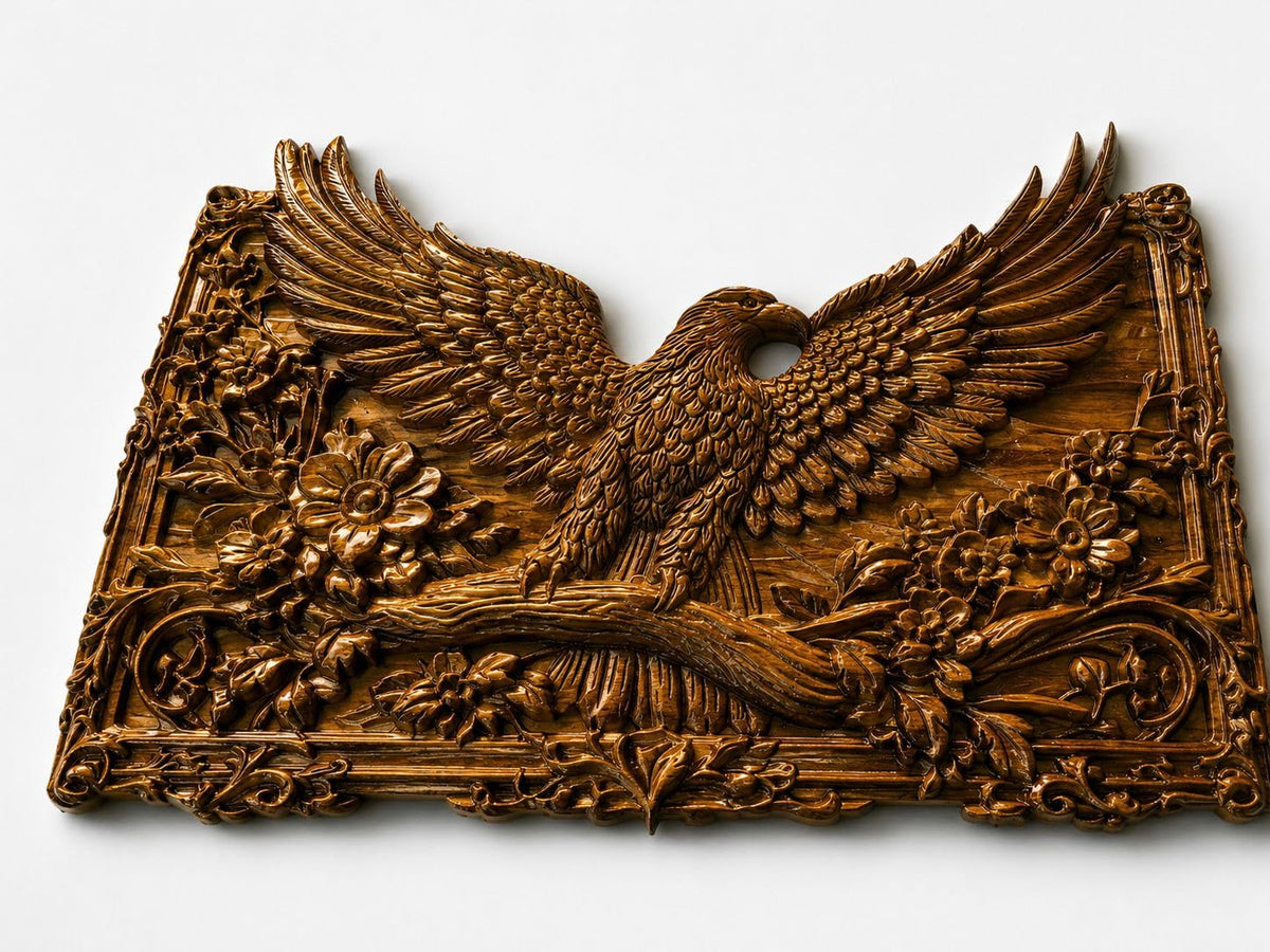 kveer Wood Handcrafted Wooden Carved Wall Decor Art, Eagle with Floral Design, Brown Relief Plaque for Living Room