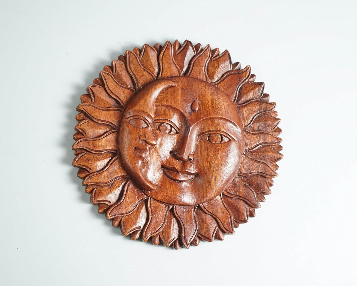 kveer Handcrafted Wooden Sun and Moon Face Wall Decor, Brown, Carved Wood Art Plaque
