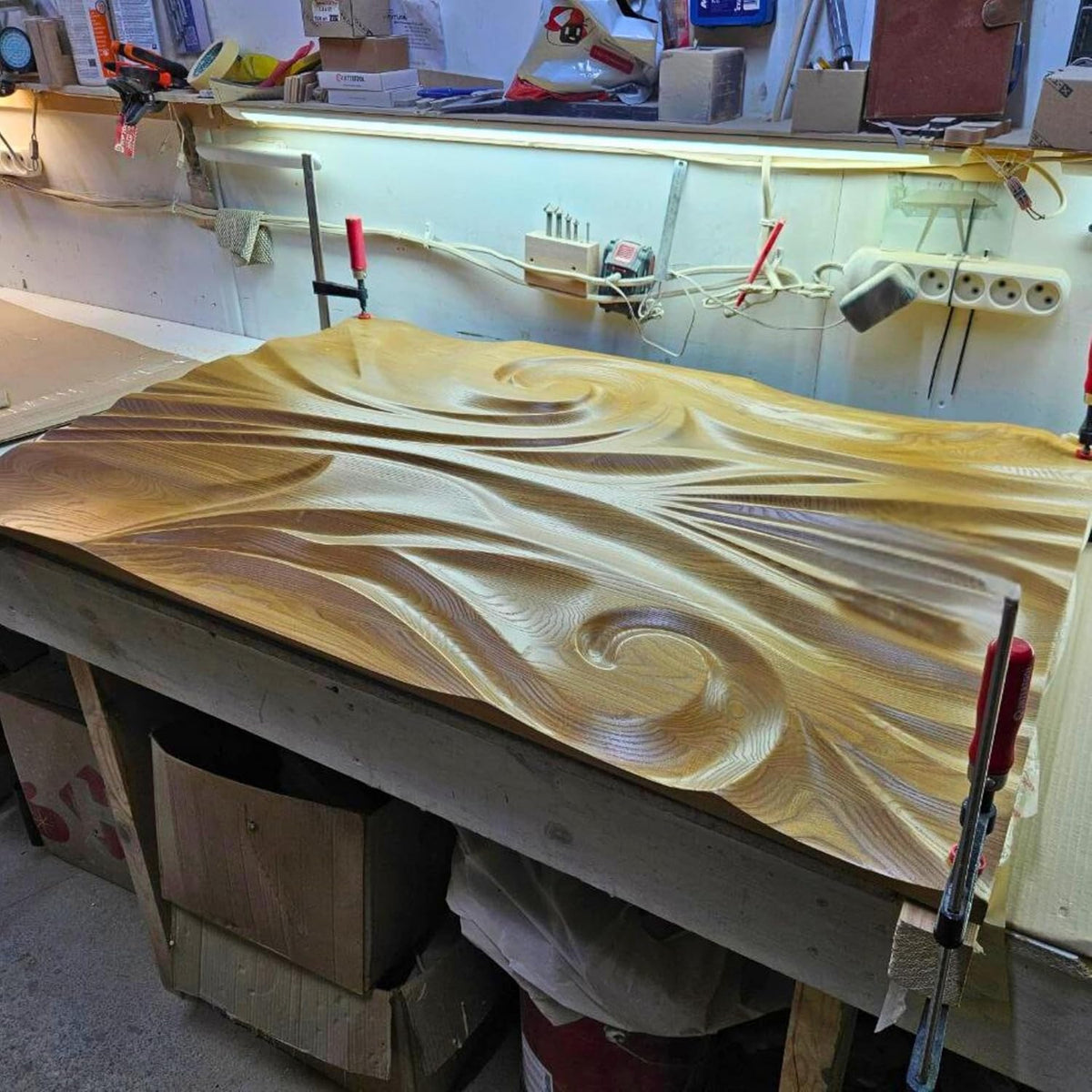 kveer Wooden Wall Art Decor, Abstract Swirl Carved Wood Panel, Natural Brown, Living Room Wall Sculpture