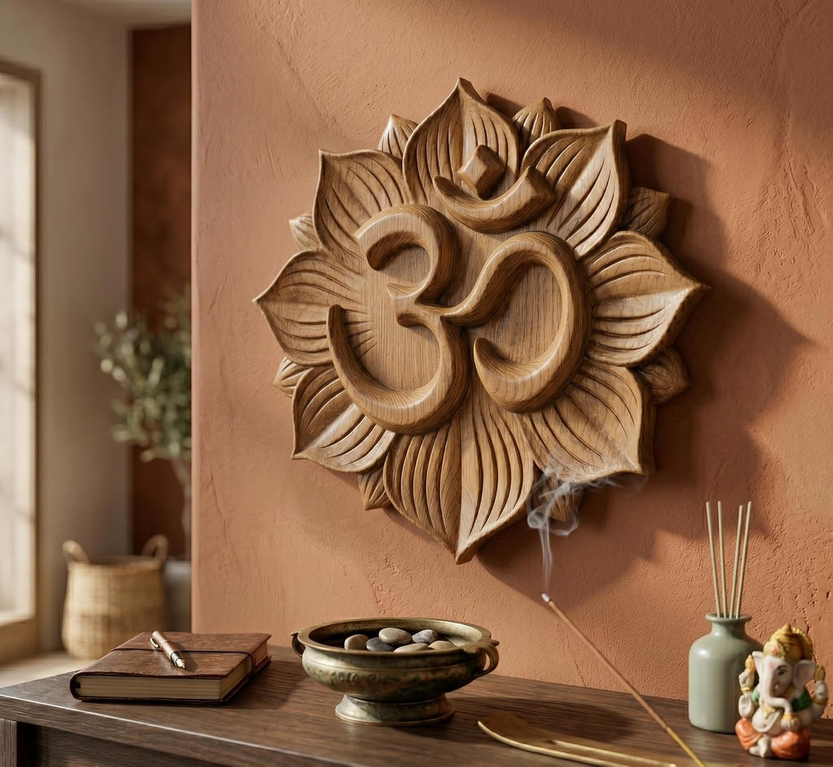 kveer Wooden Om Symbol Wall Decor, Lotus Flower Carved Design, Spiritual Home Decoration for Living Room, Meditation Room, Prayer Space
