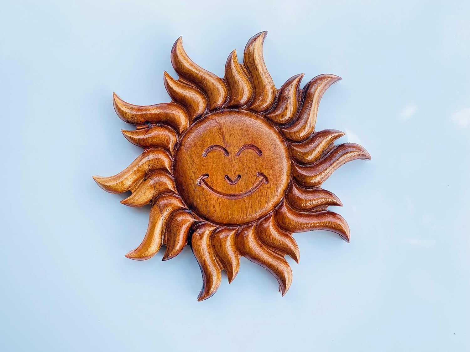 kveer wood Handcrafted Wooden Sun Wall Art | Smiling Sun Face Hanging | Positive Energy & Vastu Décor | Handmade Wooden Sculpture for Home & Office | Unique Gift & Spiritual Wall Hanging (20cm)
