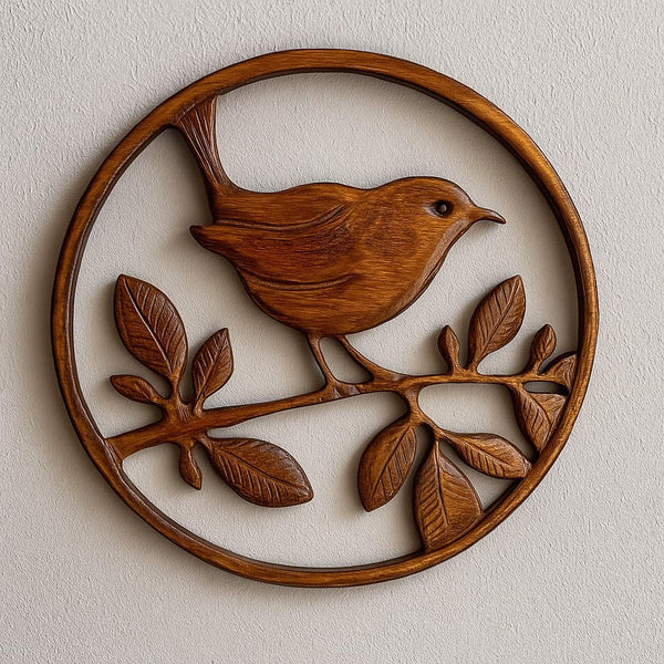 kveer Handcrafted Wooden Bird Wall Art – Round Nature-Themed Wall Hanging Décor – Rustic Carved Wood Plaque for Living Room, Bedroom, or Entryway – 12 Inch Wood