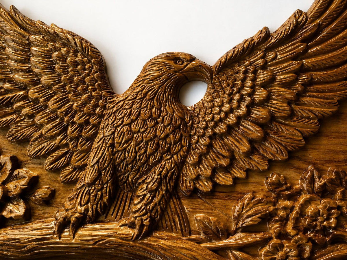 kveer Wood Handcrafted Wooden Carved Wall Decor Art, Eagle with Floral Design, Brown Relief Plaque for Living Room