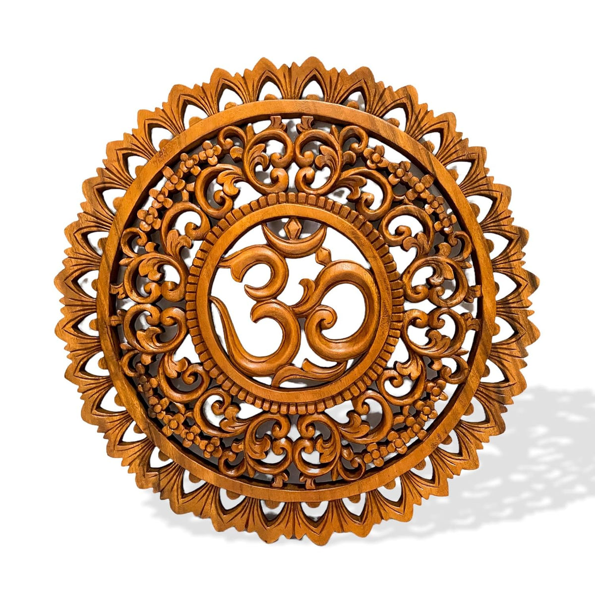 kveer Handcrafted Wooden Om Mandala Wall Art, Round Carved Decorative Panel, Spiritual Home Decor