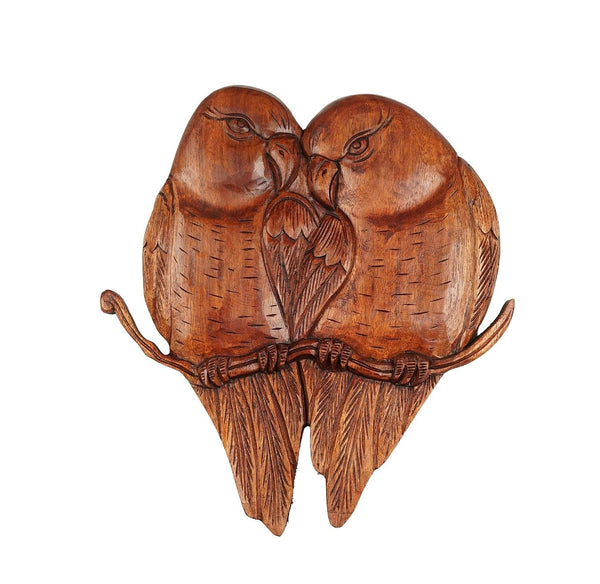 kveer Handcrafted Wooden Love Birds Wall Decor, Brown, Carved Pair of Birds on Branch