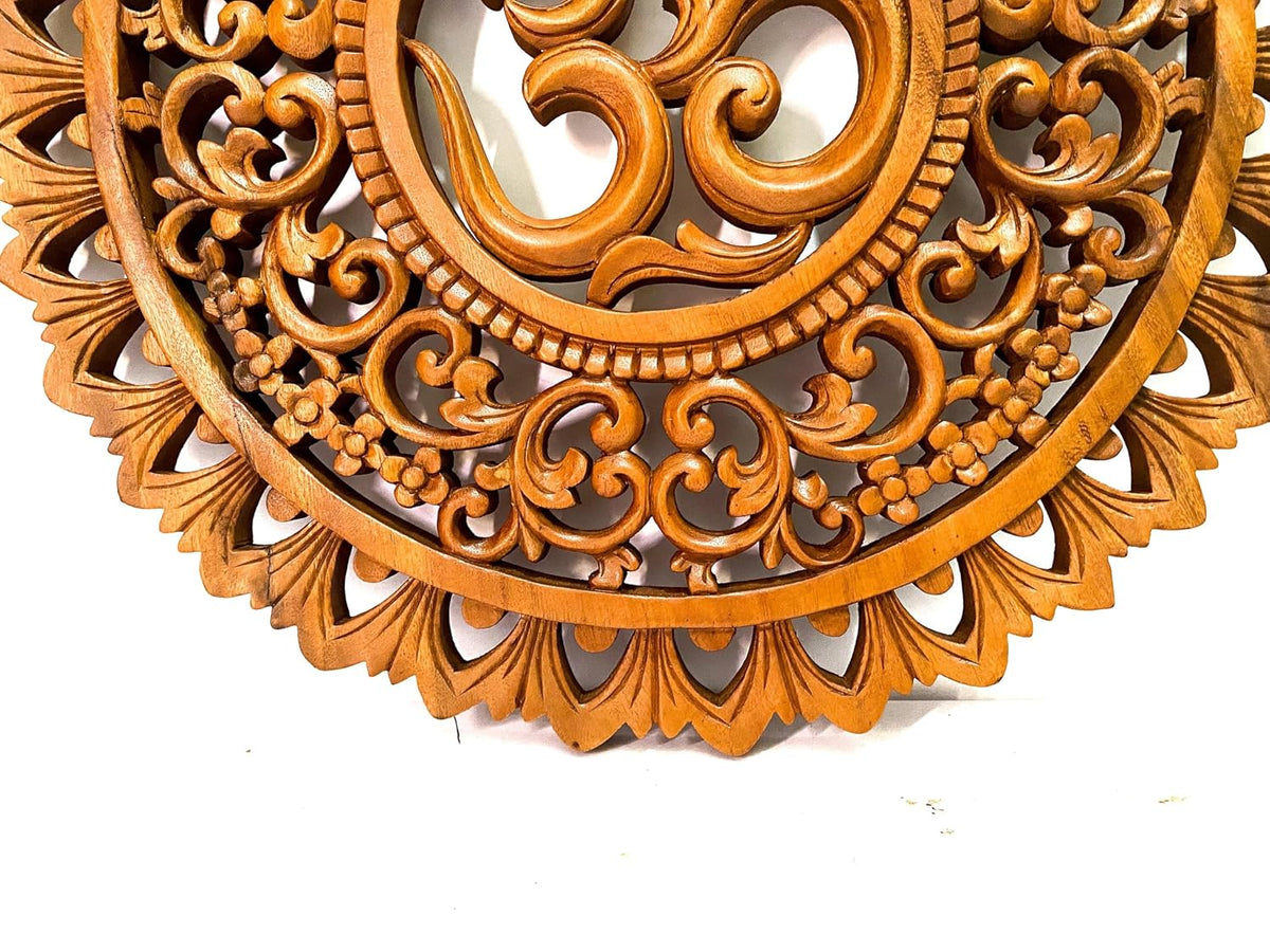 kveer Handcrafted Wooden Om Mandala Wall Art, Round Carved Decorative Panel, Spiritual Home Decor