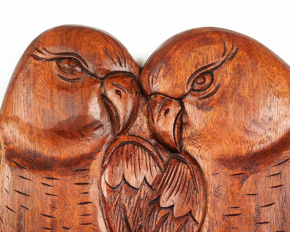 kveer Handcrafted Wooden Love Birds Wall Decor, Brown, Carved Pair of Birds on Branch