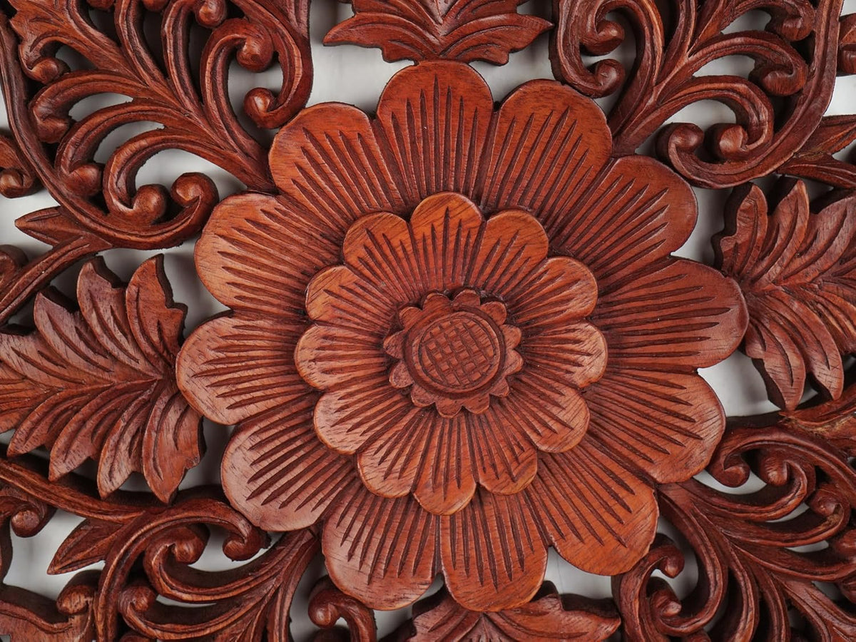Wooden Carved Wall Art Round Floral Panel kveerwood
