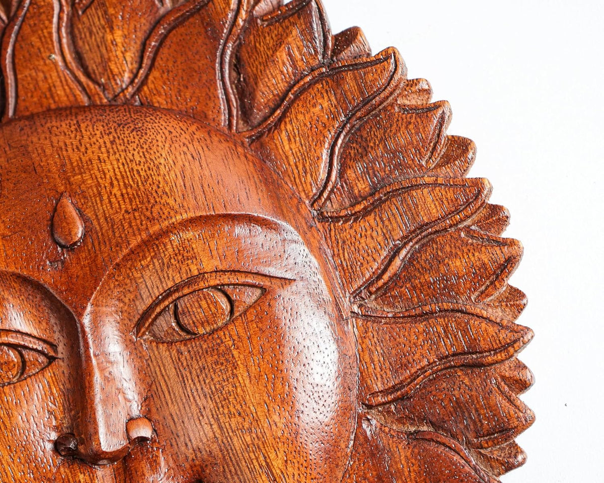 kveer Handcrafted Wooden Sun and Moon Face Wall Decor, Brown, Carved Wood Art Plaque