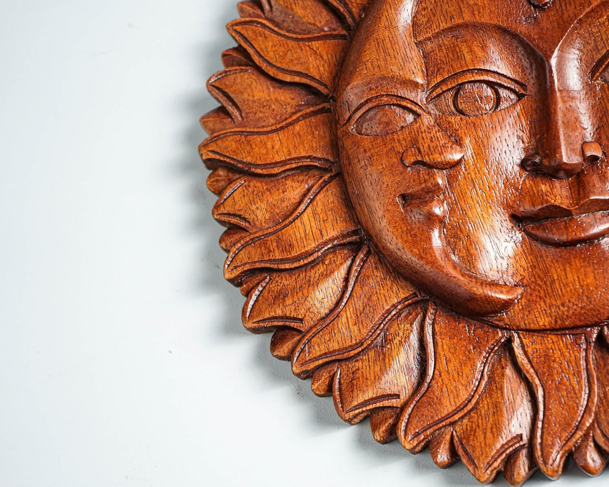 kveer Handcrafted Wooden Sun and Moon Face Wall Decor, Brown, Carved Wood Art Plaque