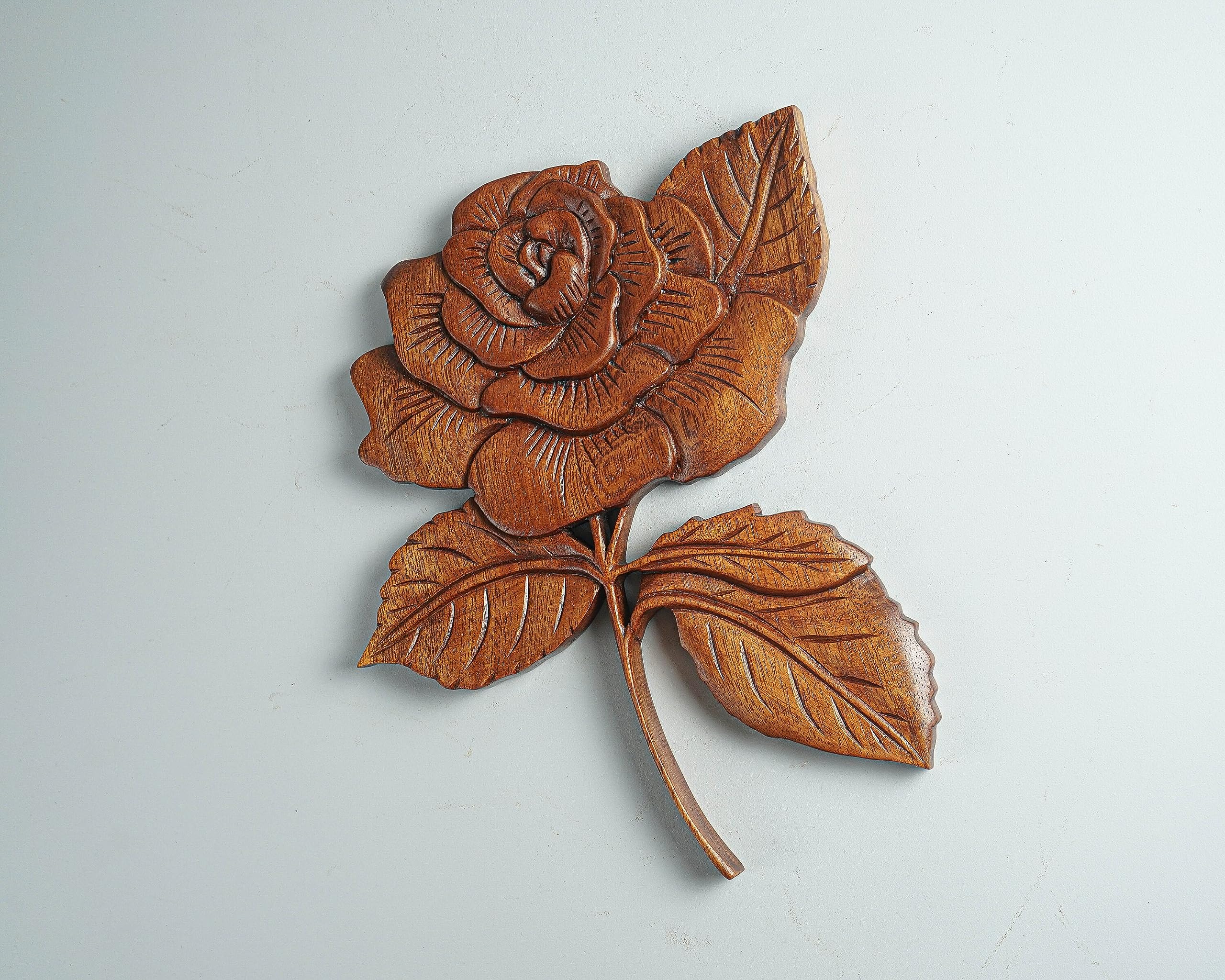 kveer SS Art Solid Wood Rose Flower Wall Art | Wood Carving | Room Decor | Honey Finish