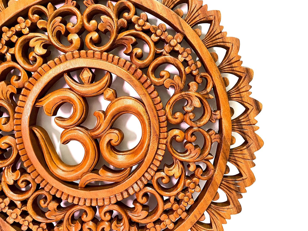 kveer Handcrafted Wooden Om Mandala Wall Art, Round Carved Decorative Panel, Spiritual Home Decor