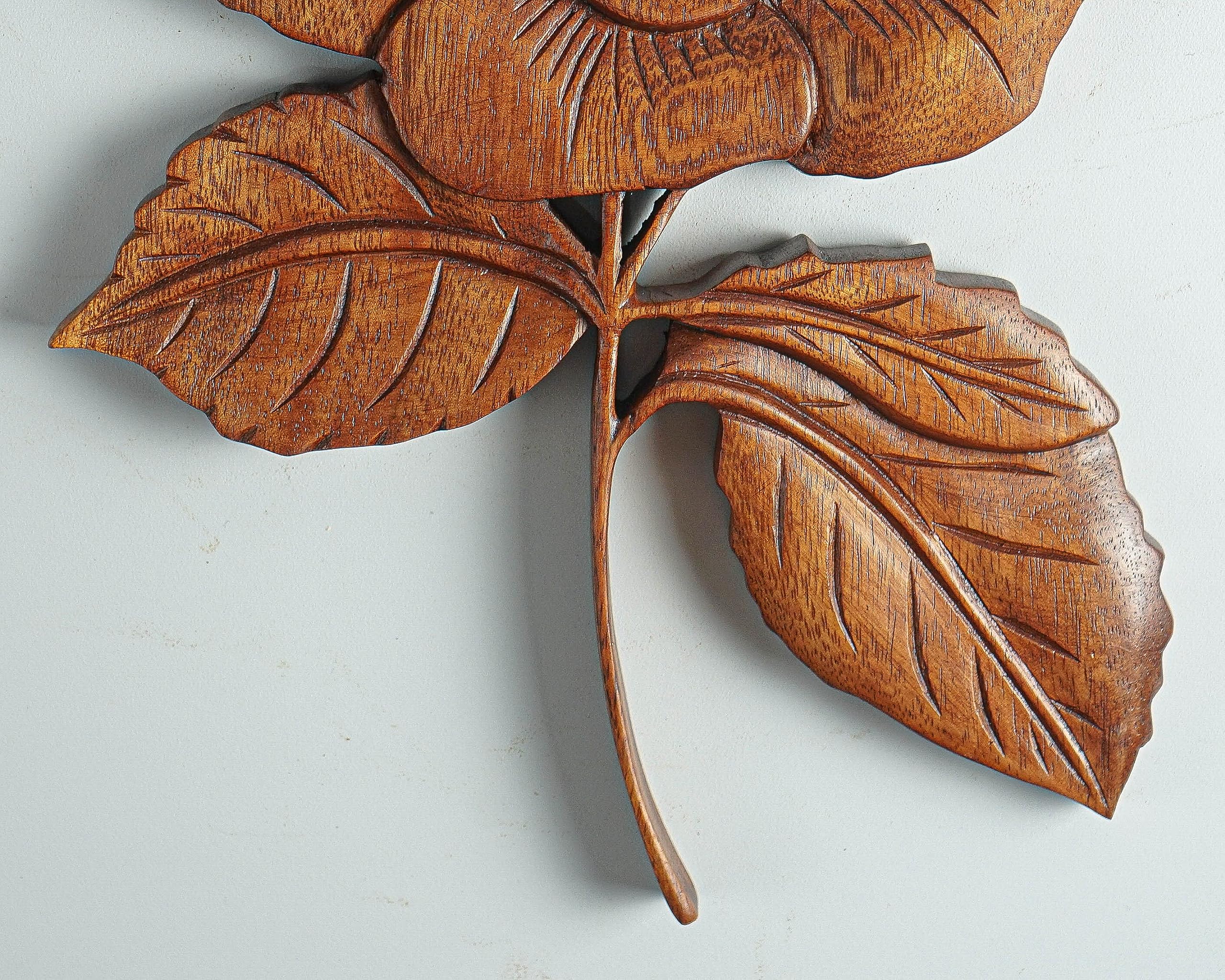kveer SS Art Solid Wood Rose Flower Wall Art | Wood Carving | Room Decor | Honey Finish