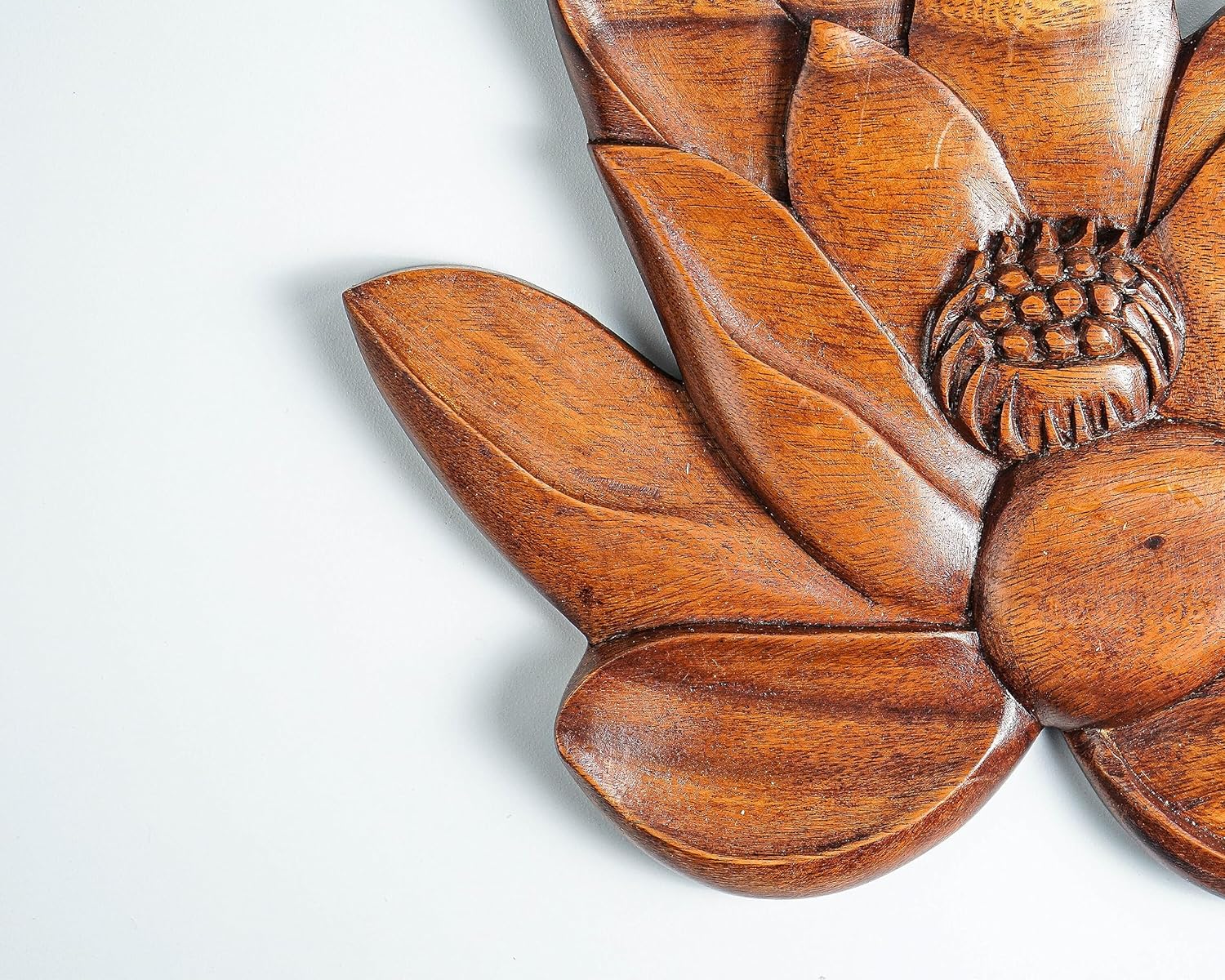 kveer wood Handcrafted Wooden Lotus Wall Art | Decorative Wood Flower Panel | Natural Finish Wall Hanging for Home & Office Decor