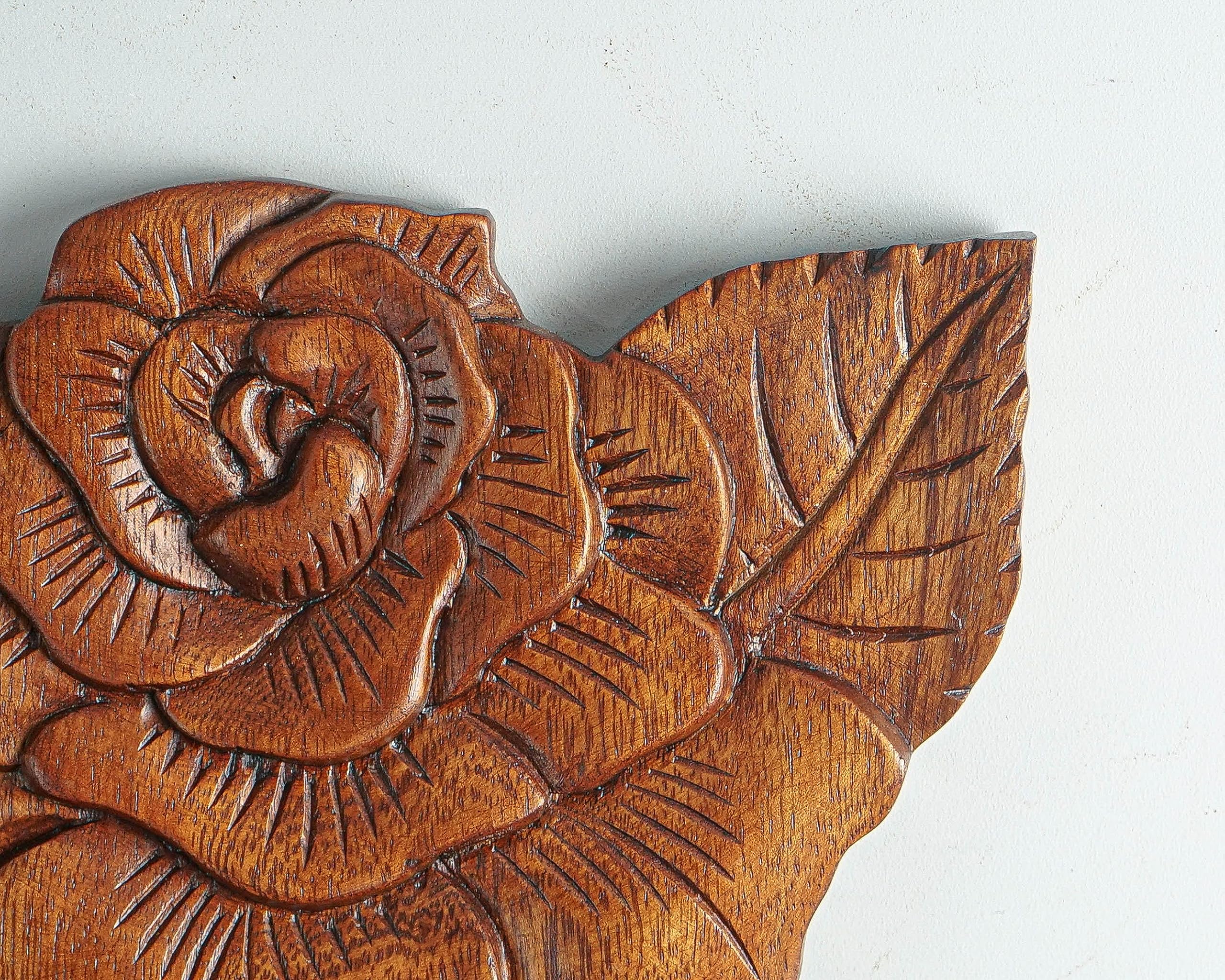 kveer SS Art Solid Wood Rose Flower Wall Art | Wood Carving | Room Decor | Honey Finish